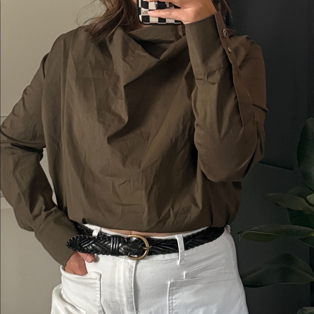 Olive Brown Draped Neck Long-Sleeve Blouse